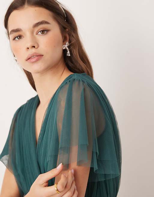 Asos Anaya Faux Wrap Short Sleeve Bridesmaid Maxi Dress In Emerald Green