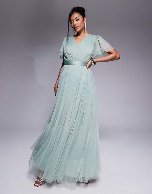 asos Anaya Faux wrap short sleeve bridesmaid maxi dress in frosty green