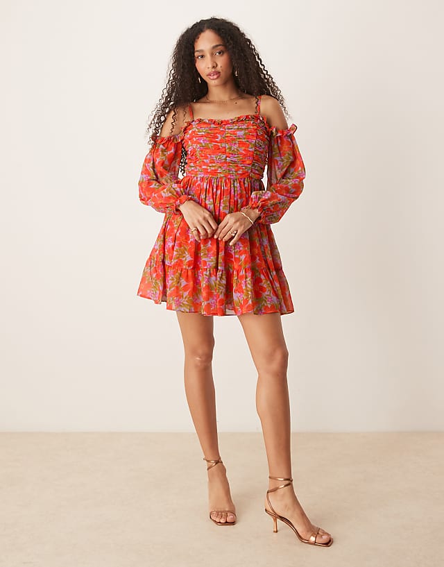 Asos Anaya Floral Print Bardot Long Sleeve Mini Dress In Multi