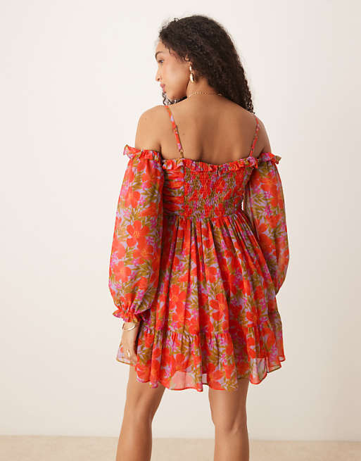Asos Anaya Floral Print Bardot Long Sleeve Mini Dress In Multi