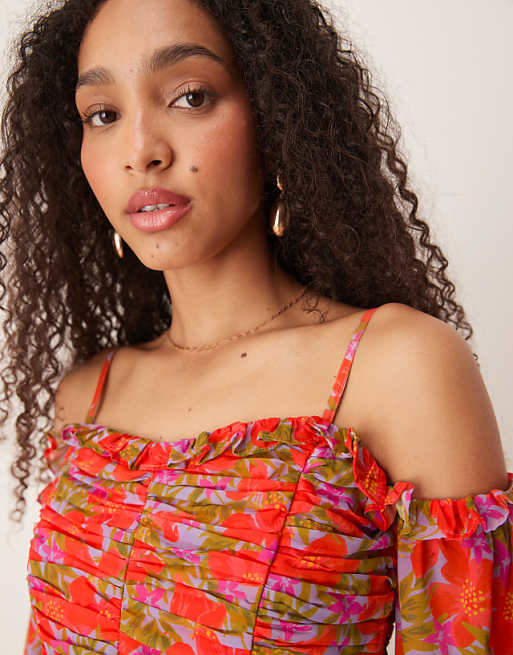 Asos Anaya Floral Print Bardot Long Sleeve Mini Dress In Multi