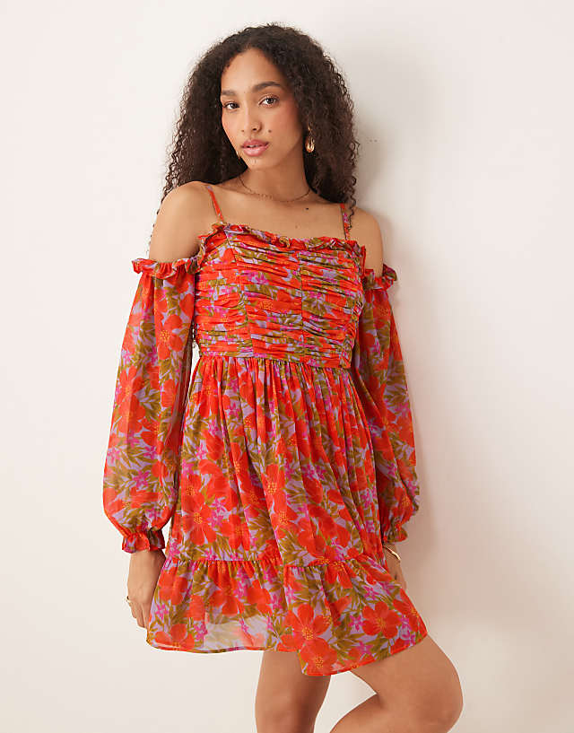 asos Anaya Floral print bardot long sleeve mini dress in multi