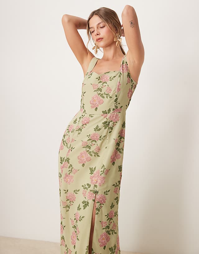 Asos Anaya Floral Print Strappy Maxi Bridesmaid Dress In Spring Green
