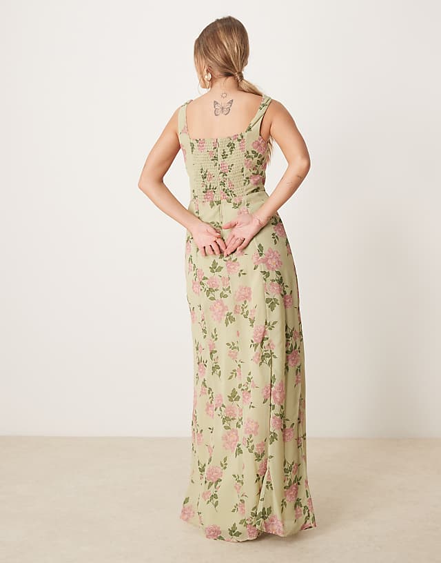 Asos Anaya Floral Print Strappy Maxi Bridesmaid Dress In Spring Green