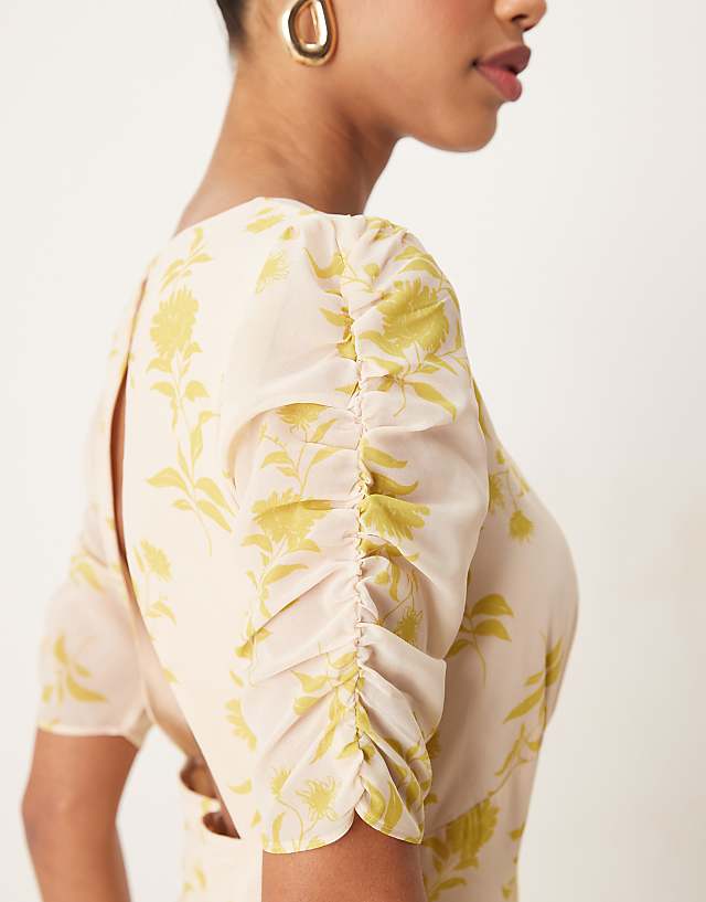 Asos Anaya Floral Short Ruched Sleeve Midi Dress In Multi