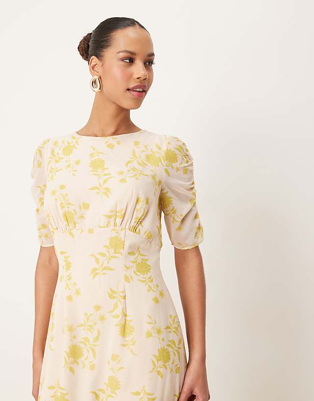 Asos Anaya Floral Short Ruched Sleeve Midi Dress In Multi
