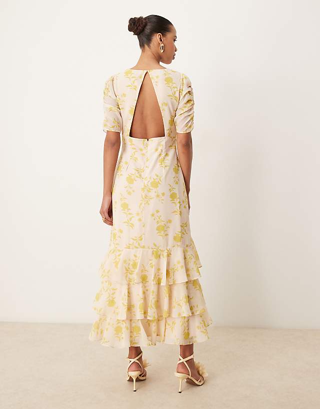 Asos Anaya Floral Short Ruched Sleeve Midi Dress In Multi