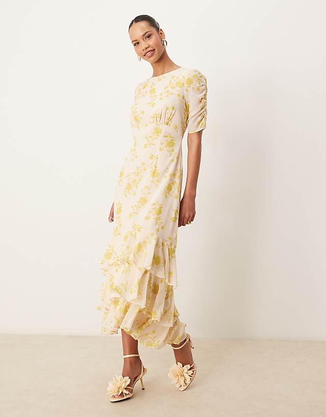 asos Anaya Floral short ruched sleeve midi dress in multi
