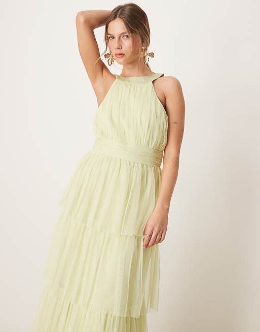 Asos Anaya Halter Neck Tiered Maxi Bridesmaid Dress In Spring Green