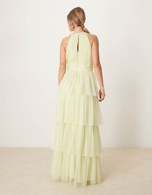Asos Anaya Halter Neck Tiered Maxi Bridesmaid Dress In Spring Green
