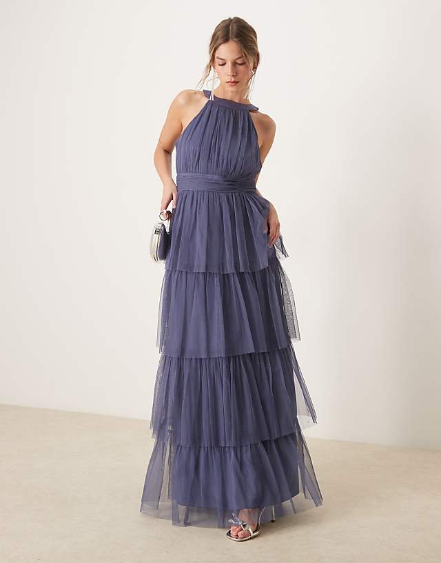 Asos Anaya Halter Neck Tiered Maxi Bridesmaid Dress In Indigo Blue