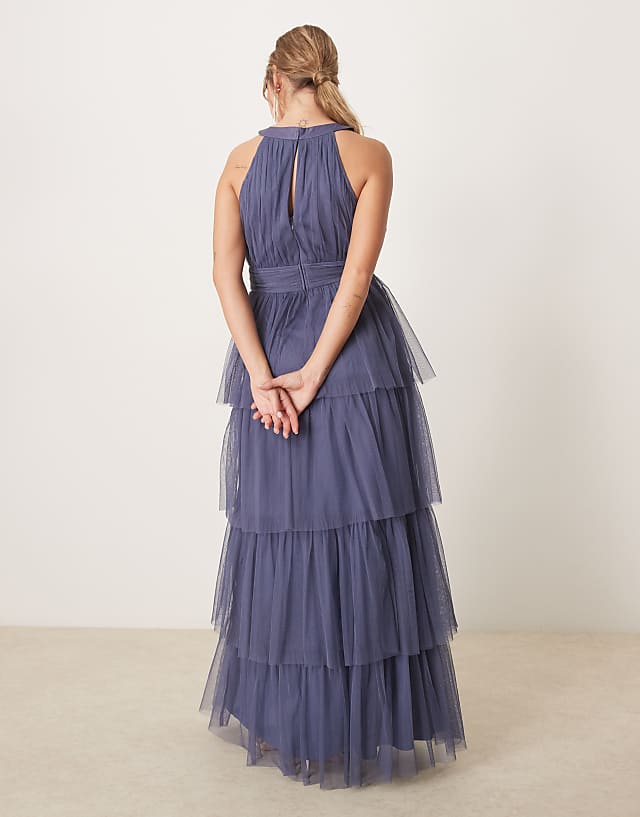 Asos Anaya Halter Neck Tiered Maxi Bridesmaid Dress In Indigo Blue
