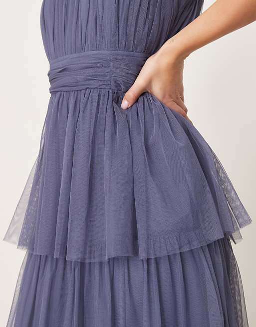 Asos Anaya Halter Neck Tiered Maxi Bridesmaid Dress In Indigo Blue