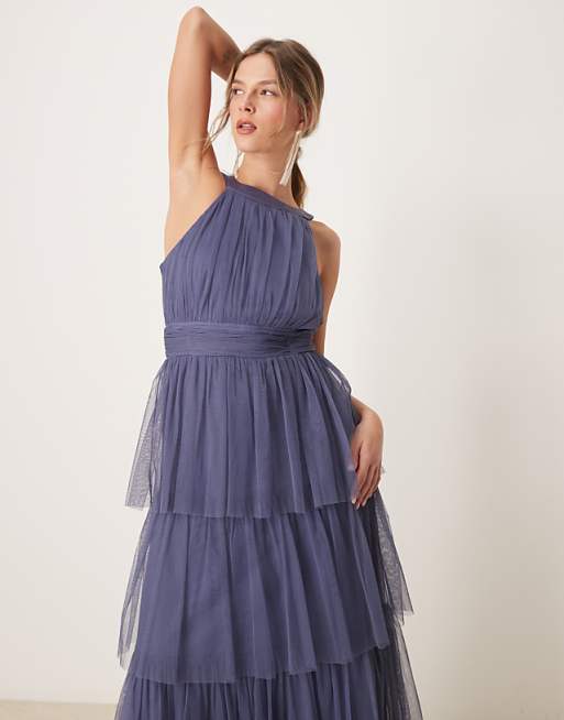 asos Anaya Halter neck tiered maxi bridesmaid dress in indigo blue