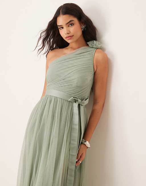 Asos Anaya One Ruffle Shoulder Bridesmaid Maxi Dress In Frosty Green