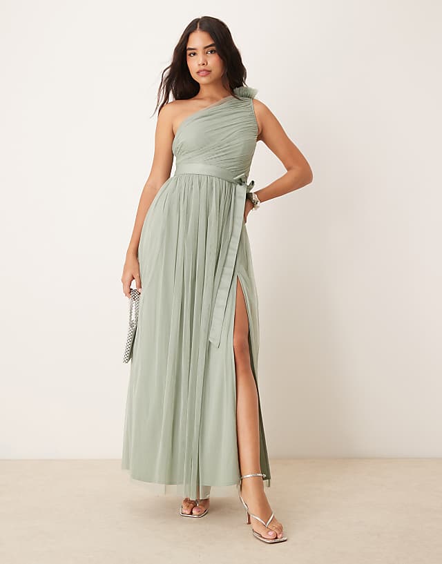asos Anaya One ruffle shoulder bridesmaid maxi dress in frosty green
