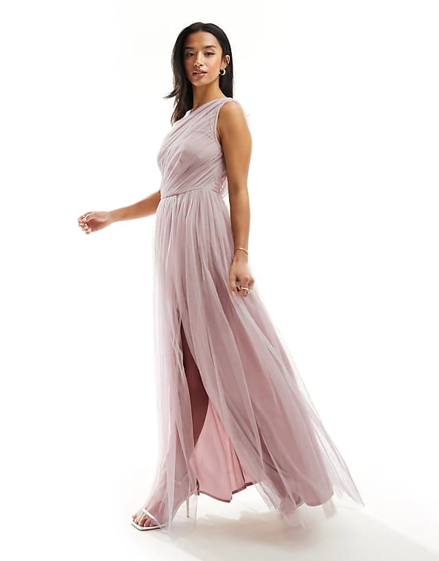 Asos Anaya Petite Bridesmaid Tulle One Shoulder Maxi Dress In Pink
