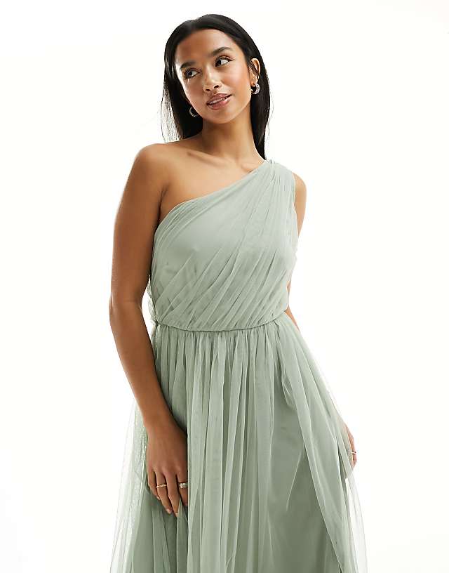 Asos Anaya Petite Bridesmaid Tulle One Shoulder Maxi Dress In Sage Green