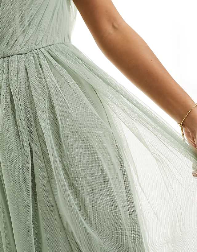 Asos Anaya Petite Bridesmaid Tulle One Shoulder Maxi Dress In Sage Green