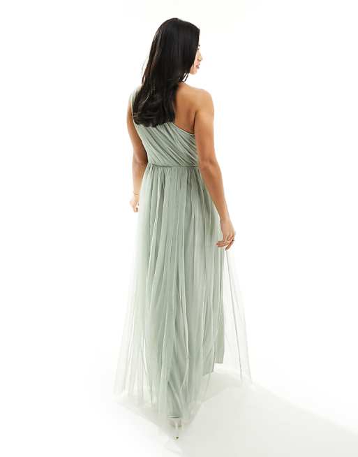 Asos Anaya Petite Bridesmaid Tulle One Shoulder Maxi Dress In Sage Green
