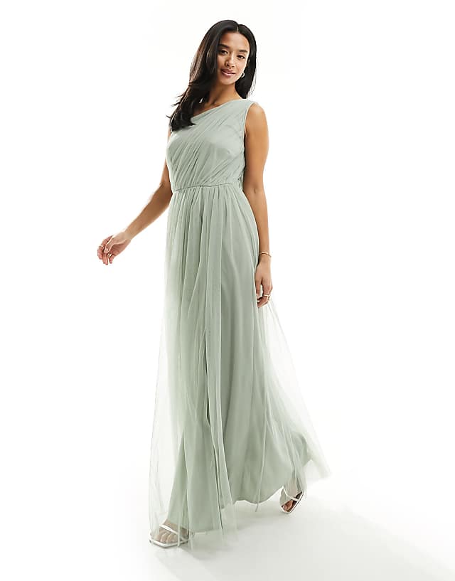 asos Anaya Petite Bridesmaid tulle one shoulder maxi dress in sage green