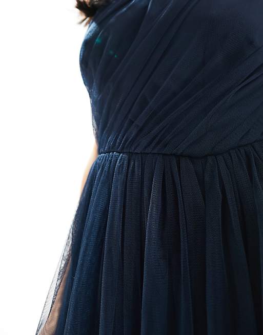 Asos Anaya Petite Bridesmaid Tulle One Shoulder Maxi Dress In Navy