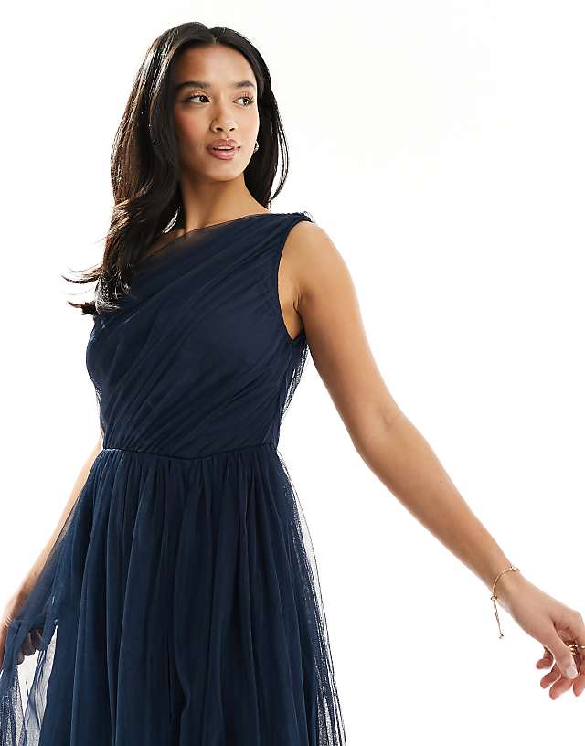 Asos Anaya Petite Bridesmaid Tulle One Shoulder Maxi Dress In Navy