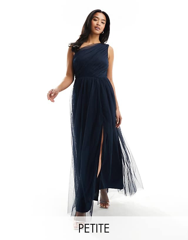 asos Anaya Petite Bridesmaid tulle one shoulder maxi dress in navy