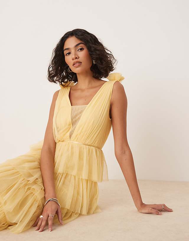 Asos Anaya Plunge Front Tiered Maxi Dress In Pale Yellow