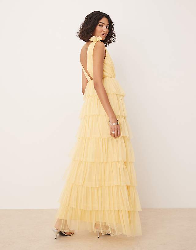 Asos Anaya Plunge Front Tiered Maxi Dress In Pale Yellow