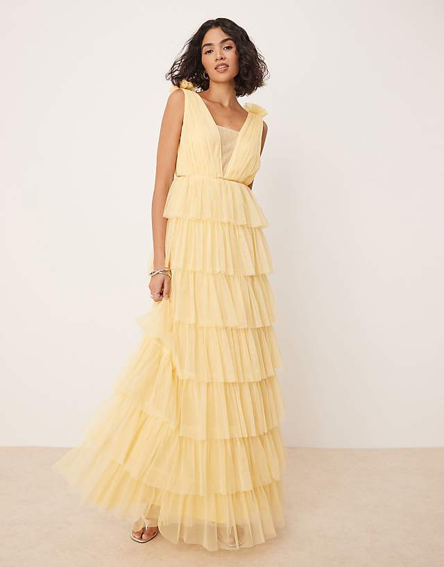 asos Anaya Plunge front tiered maxi dress in pale yellow