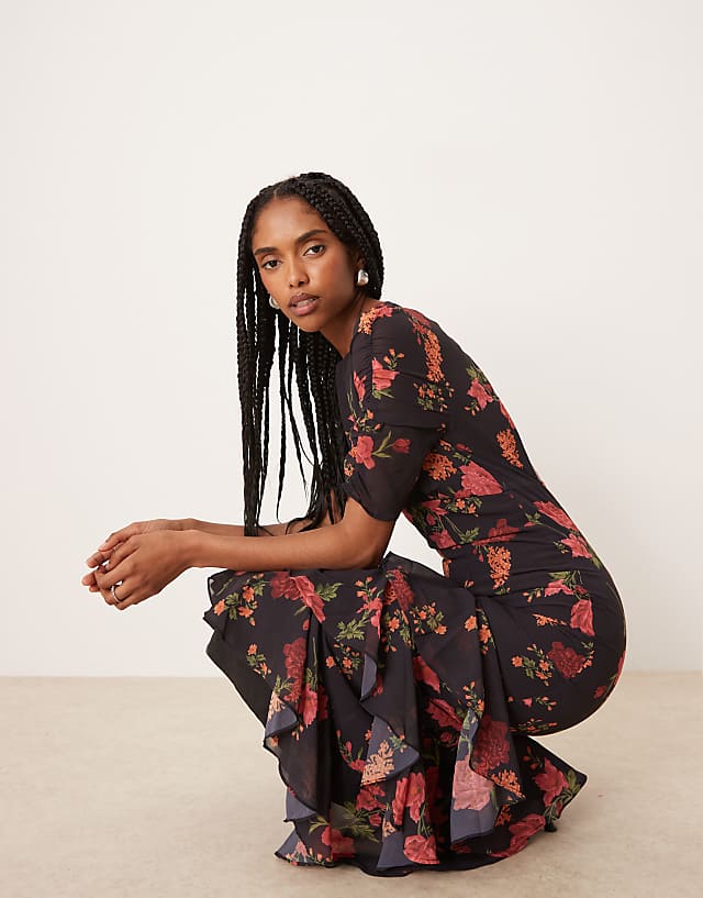 Asos Anaya Ruched Sleeve Midi Dress In Black Floral Print