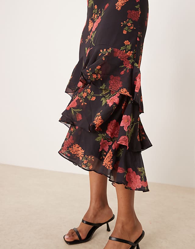 Asos Anaya Ruched Sleeve Midi Dress In Black Floral Print