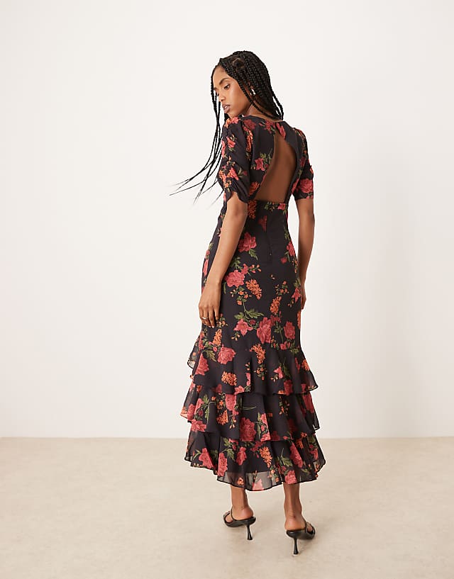 Asos Anaya Ruched Sleeve Midi Dress In Black Floral Print