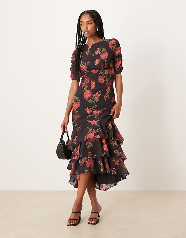 asos Anaya ruched sleeve midi dress in black floral print