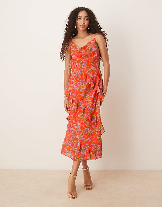 Asos Anaya Tropical Print Strappy Cowl Neck Midi Dress In Multi
