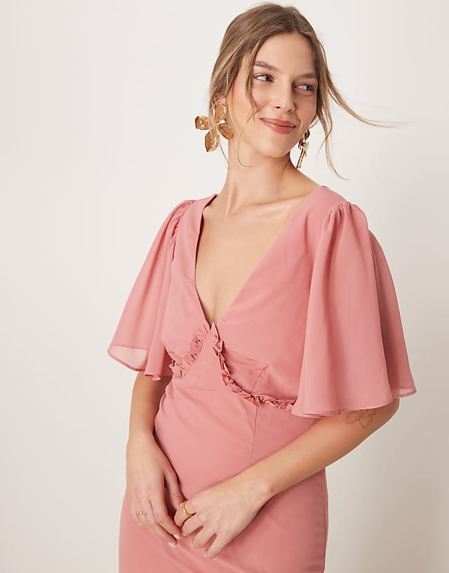 Asos Anaya V Neck Short Flutter Sleeve Maxi Dress In Dusty Rose