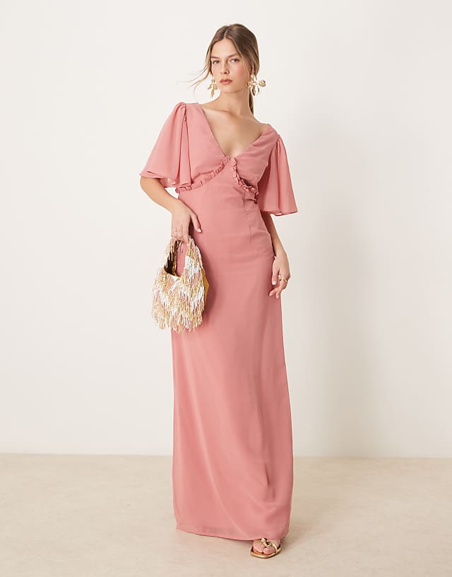 asos Anaya V neck short flutter sleeve maxi dress in dusty rose