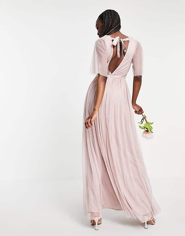 Asos Anaya With Love Tall Bridesmaid Tulle Flutter Sleeve Maxi Dress In Pink