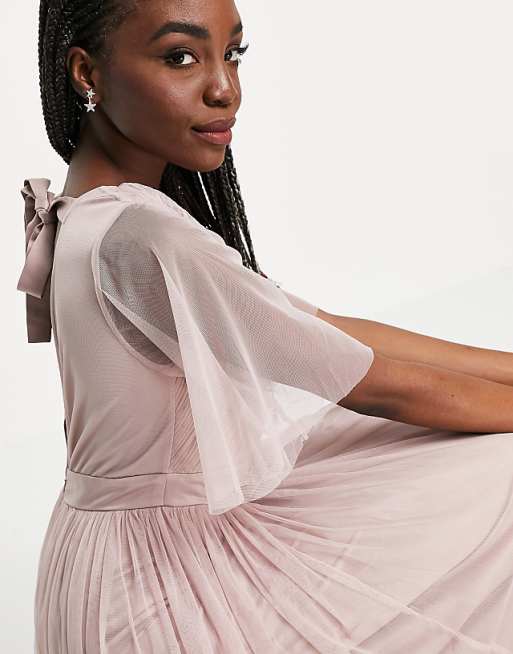 Asos Anaya With Love Tall Bridesmaid Tulle Flutter Sleeve Maxi Dress In Pink