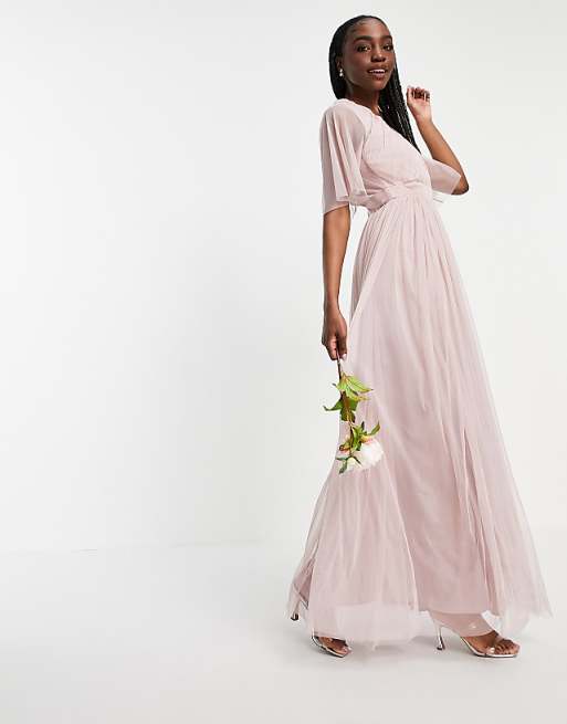 Asos Anaya With Love Tall Bridesmaid Tulle Flutter Sleeve Maxi Dress In Pink