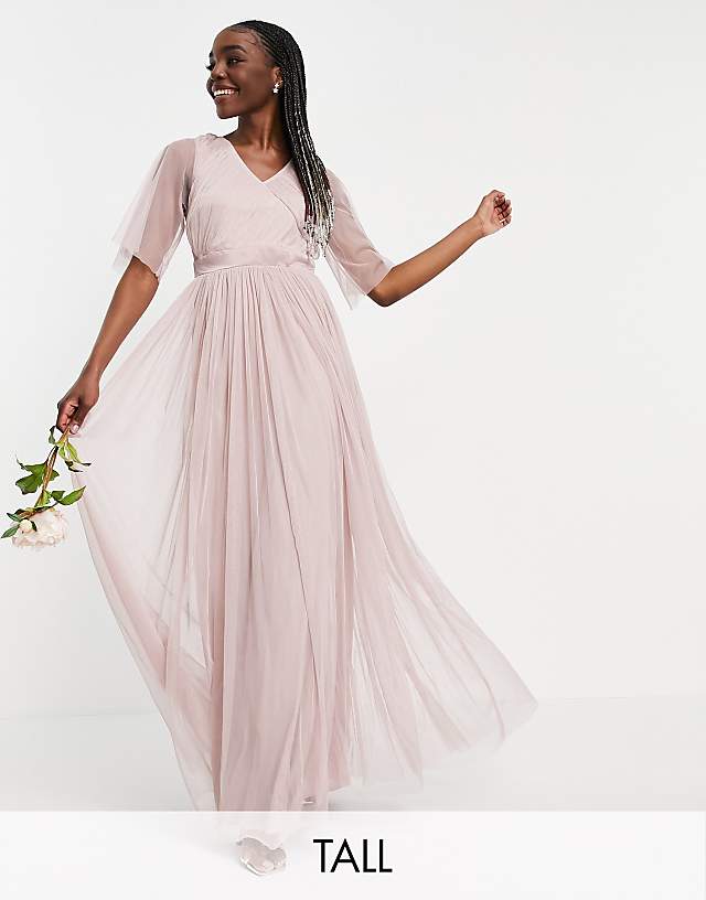 asos Anaya With Love Tall Bridesmaid tulle flutter sleeve maxi dress in pink