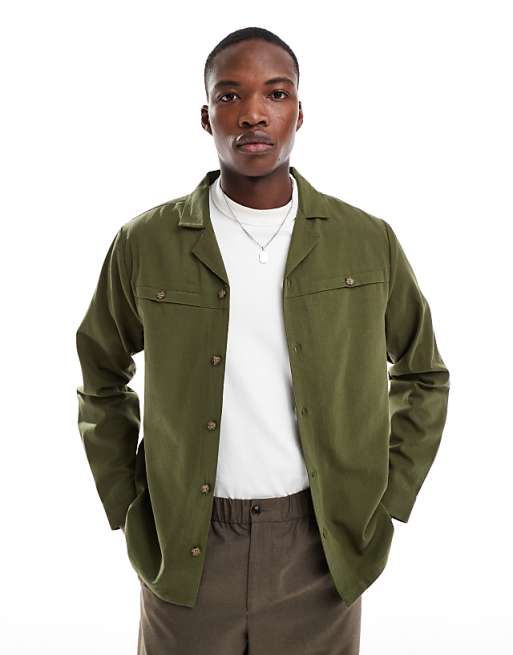 Asos Another Influence Revere Collar Utility Shirt In Khaki