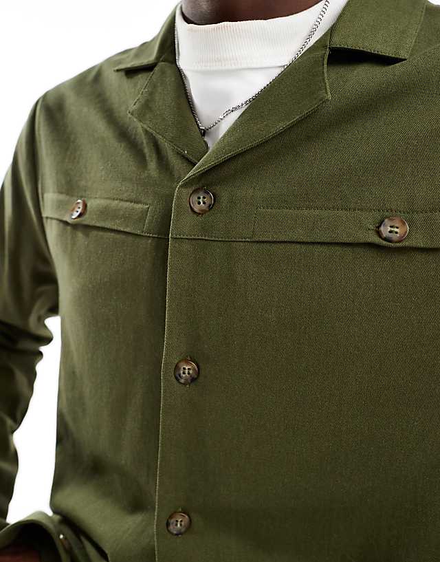 Asos Another Influence Revere Collar Utility Shirt In Khaki