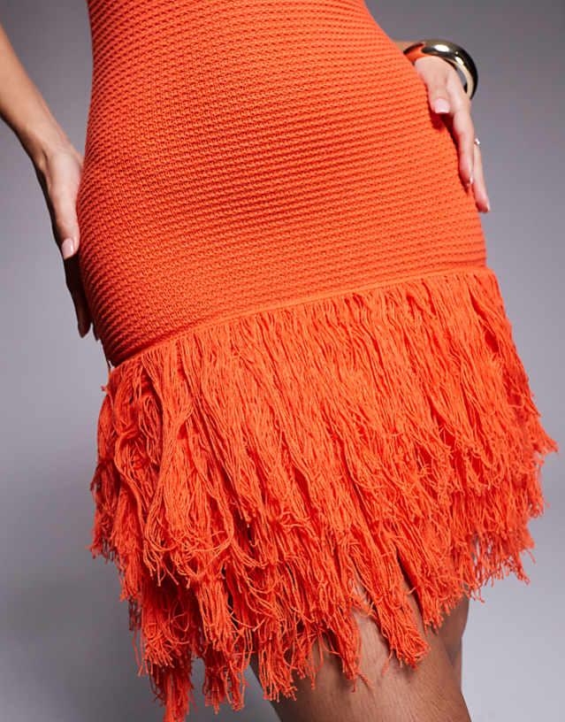 Asos Aria Cove Crochet Knitted Sleeveless Tassel Hem Mini Beach Dress In Orange