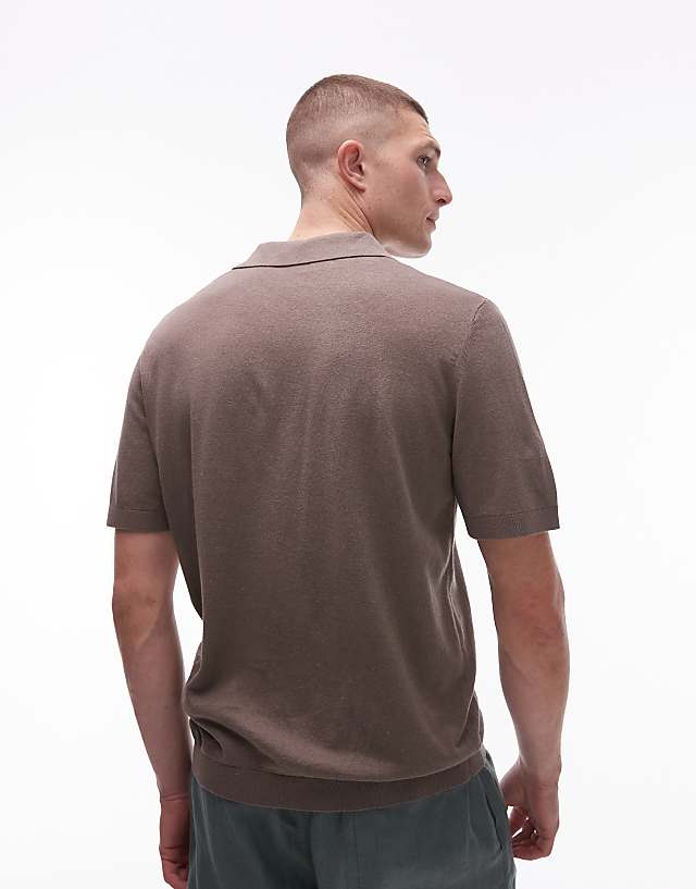 Asos ARKET Cotton Linen Knitted Shirt Sleeve Polo Shirt In Light Brown