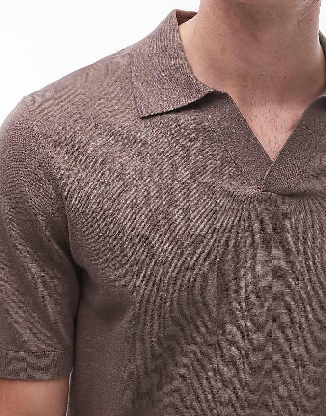 Asos ARKET Cotton Linen Knitted Shirt Sleeve Polo Shirt In Light Brown