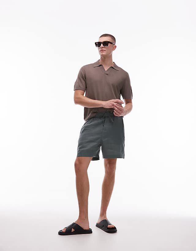 Asos ARKET Cotton Linen Knitted Shirt Sleeve Polo Shirt In Light Brown