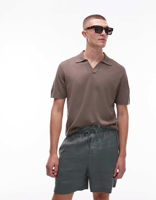 asos ARKET cotton linen knitted shirt sleeve polo shirt in light brown