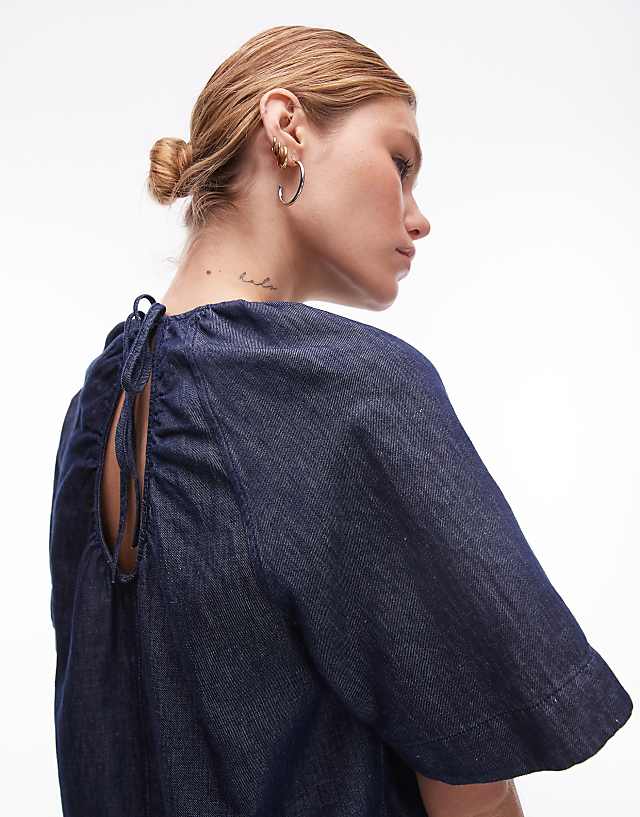 Asos ARKET Linen Denim Top With Volume Sleeves In Clean Indigo Blue